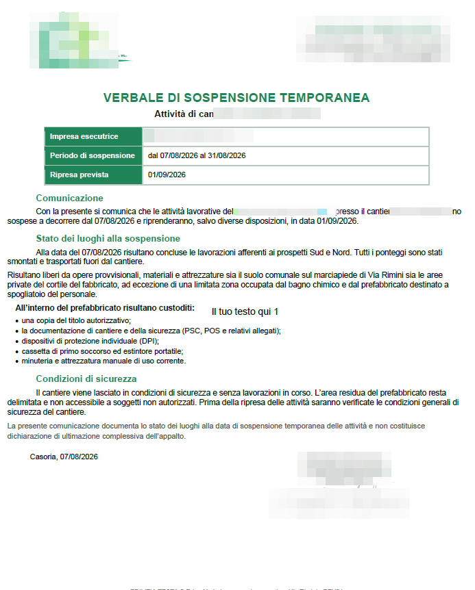 Documentazione tecnica di cantiere con dati sensibili oscurati